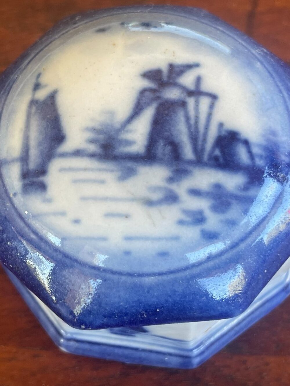 Vintage Delft Flow Blue Hexagon Handpainted Jewelry Box #2402